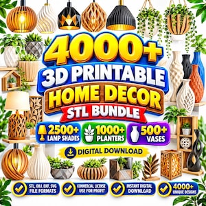 Pode incluir: Um pacote de download digital com mais de 4000 arquivos de decoração para casa imprimíveis em 3D, incluindo cúpulas de lâmpadas, vasos e floreiras. A imagem exibe o texto 4000+ 3D PRINTABLE HOME DECOR STL BUNDLE e ícones informativos.