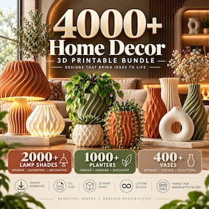 Puede incluir: Una colección digital titulada 4000+ Home Decor 3D Printable Bundle que presenta varias lámparas, macetas y jarrones impresos en 3D en blanco, naranja y verde. La imagen muestra etiquetas de texto para 2000+ pantallas, 1000+ macetas y 4000+ jarrones.