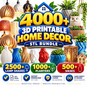 Puede incluir: Una colección digital de más de 4000 archivos STL de decoración para el hogar imprimibles en 3D, que incluye más de 2500 pantallas de lámparas, 1000 maceteros y 500 jarrones. La imagen muestra varias lámparas texturizadas, maceteros y jarrones.