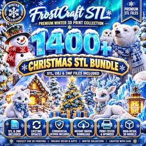 Puede incluir: Un paquete digital de más de 1400 archivos STL navideños para impresión 3D, con un muñeco de nieve, un oso polar, un búho y un reno en un paisaje nevado. El gráfico incluye el texto FrostCraft STL y Christmas STL Bundle.
