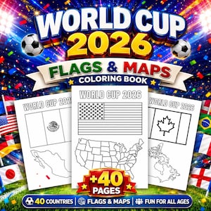 Op de afbeelding: Een kleurrijke omslag voor een "World Cup 2026 Flags & Maps Kleurboek" met voetballen, confetti en vlaggen. Het boek bevat omtrekken van vlaggen en kaarten om in te kleuren, met tekst als "+40 Pagina's", "40 Landen" en "Plezier voor alle leeftijden".