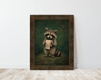 Funny Vintage Raccoon Bathroom Art Print with Toilet Paper on Dark Green Background