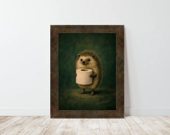 Funny Vintage Hedgehog Bathroom Art Print with Toilet Paper on Dark Green Background