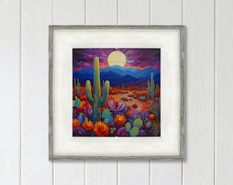 Framed Colorful Desert Print with Saguaro Cactus Wildflowers and Moon for Southwestern Decor
