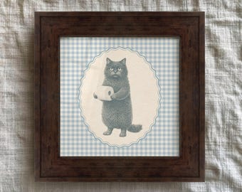 Black Cat Bathroom Print with Toilet Paper on Blue Gingham