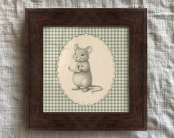 Framed Mouse Bathroom Print with Toilet Paper on Sage Green Gingham