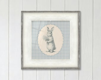 Bunny with Flowers Print on Blue Gingham for Woodland Nursery