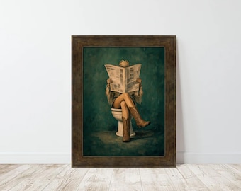 Cowgirl on Toilet Reading Newspaper Art Print, Vintage Western Teal Green Decor