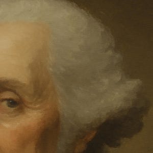 May include: Close-up of a classical oil painting depicting a person's face. The subject has fair skin, a prominent eye, and white, powdered hair. The artwork features a warm color palette with soft brushstrokes, creating a historical portrait.
