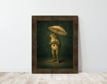 Frog Holding Lace Umbrella Vintage Cottagecore Bathroom Art Print Dark Green Background