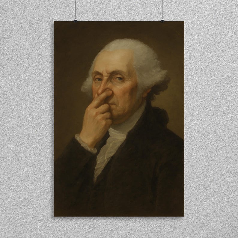 May include: A framed portrait of George Washington, depicted in a classic style. He is wearing a black coat and white wig, with his right hand touching his nose. The background is a muted brown.