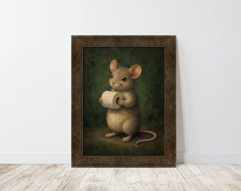 Funny Vintage Mouse Holding Toilet Paper Bathroom Art Print on Dark Green Background
