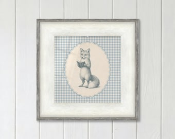 Fox Reading a Book Print on Blue Gingham for Woodland Nursery