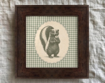 Framed Skunk with Daisy Print on Sage Green Gingham for Woodland Nursery