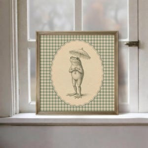 Frog with Umbrella Printable, Sage Green Gingham Nursery Digital Download Wall Art