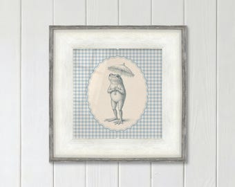 Frog with Umbrella Print on Blue Gingham for Vintage Storybook Nursery
