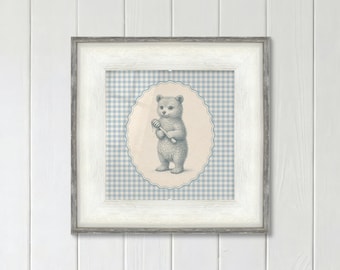 Bear Cub Print with Honey Dipper on Blue Gingham for Woodland Nursery