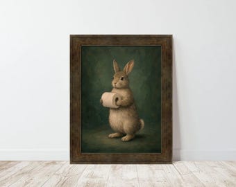 Funny Bunny Rabbit Toilet Paper Portrait Print, Vintage Woodland Dark Green Background