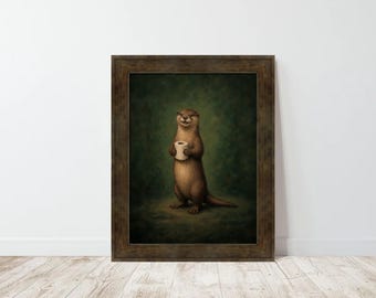 Vintage Otter Holding Toilet Paper Print, Dark Green Background Animal Art