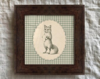 Fox Bathroom Print with Toilet Paper on Sage Green Gingham