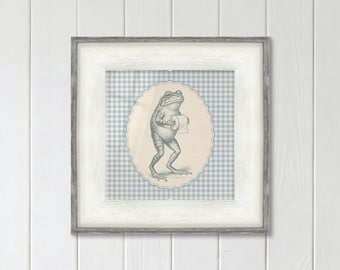 Frog Bathroom Print with Toilet Paper on Blue Gingham