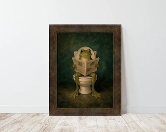Funny Frog on Toilet Reading Newspaper Vintage Bathroom Art Print Dark Green Background