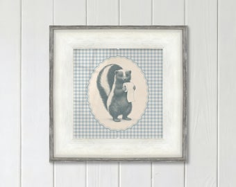 Skunk Bathroom Print with Toilet Paper on Baby Blue Gingham