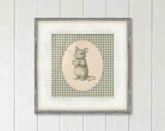 Mouse with Teacup Print on Sage Green Gingham for Cottagecore Nursery