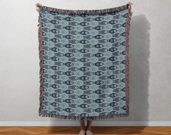 Blue Teal Fish Woven Throw Blanket, Coastal Waves Fringe Tapestry