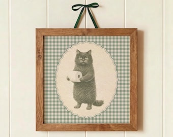 Vintage Black Cat Toilet Paper Poster, Sage Green Gingham Bathroom Art