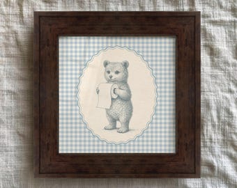 Bear Cub Bathroom Print with Toilet Paper on Blue Gingham