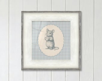 Mouse with Teacup Print on Blue Gingham for Cottagecore Nursery