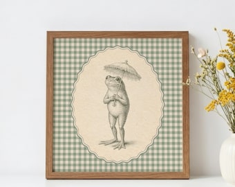 Frog with Decorative Umbrella Poster, Sage Green Gingham Wall Art, Vintage Storybook Nursery Decor