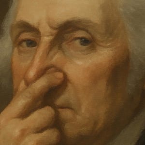 May include: Close-up of an oil painting depicting a man with fair skin and gray hair. The man's finger is touching his nose. The painting has a warm color palette with shades of brown, beige, and peach.