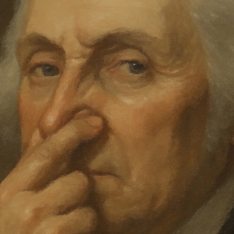 May include: Close-up of an oil painting depicting a man with fair skin and gray hair. The man's finger is touching his nose. The painting has a warm color palette with shades of brown, beige, and peach.