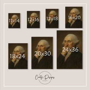 May include: A collection of framed portrait prints featuring a historical figure in a dark coat and white wig. Sizes include 11x14, 12x16, 12x18, 16x20, 18x24, 20x30, and 24x36 inches. The prints are from Creaty Designs Shop.