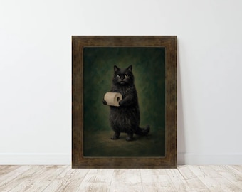 Funny Vintage Black Cat Bathroom Art Print with Toilet Paper on Dark Green Background