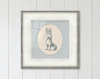Fox Bathroom Print with Toilet Paper on Blue Gingham
