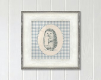 Hedgehog Bathroom Print with Toilet Paper on Blue Gingham