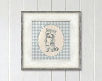 Framed Raccoon Bathroom Print with Toilet Paper on Baby Blue Gingham