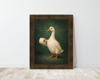 Funny Duck Toilet Paper Print: Vintage Dark Green Animal Portrait Bathroom Art