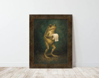 Funny Vintage Frog Bathroom Art Print with Toilet Paper on Dark Green Background