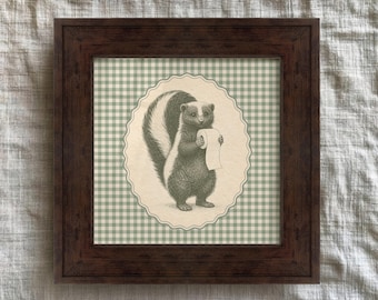 Framed Skunk Bathroom Print with Toilet Paper on Sage Green Gingham