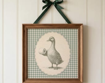 Duck Bathroom Poster, Sage Green Gingham Toilet Paper Wall Art, Vintage Farmhouse Decor