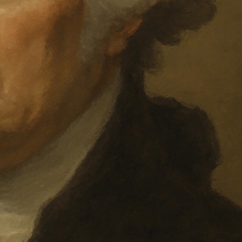 May include: An abstract oil painting featuring a dark silhouette of a figure against a backdrop of warm, earthy tones. The artwork uses a muted color palette with shades of brown, beige, and off-white, creating a sense of depth and shadow.