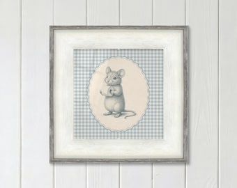 Mouse Bathroom Print with Toilet Paper on Baby Blue Gingham