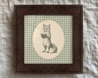 Fox Reading Print on Sage Green Gingham for Woodland Nursery