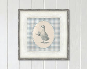 Vintage Duck Bathroom Print with Toilet Paper on Blue Gingham