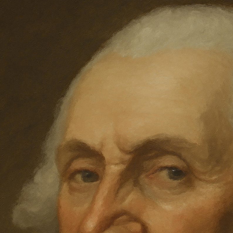 May include: Close-up of a portrait featuring the upper face of a person with light skin and gray hair. The person's eyes are visible, with a furrowed brow and a serious expression. The background is a dark brown.