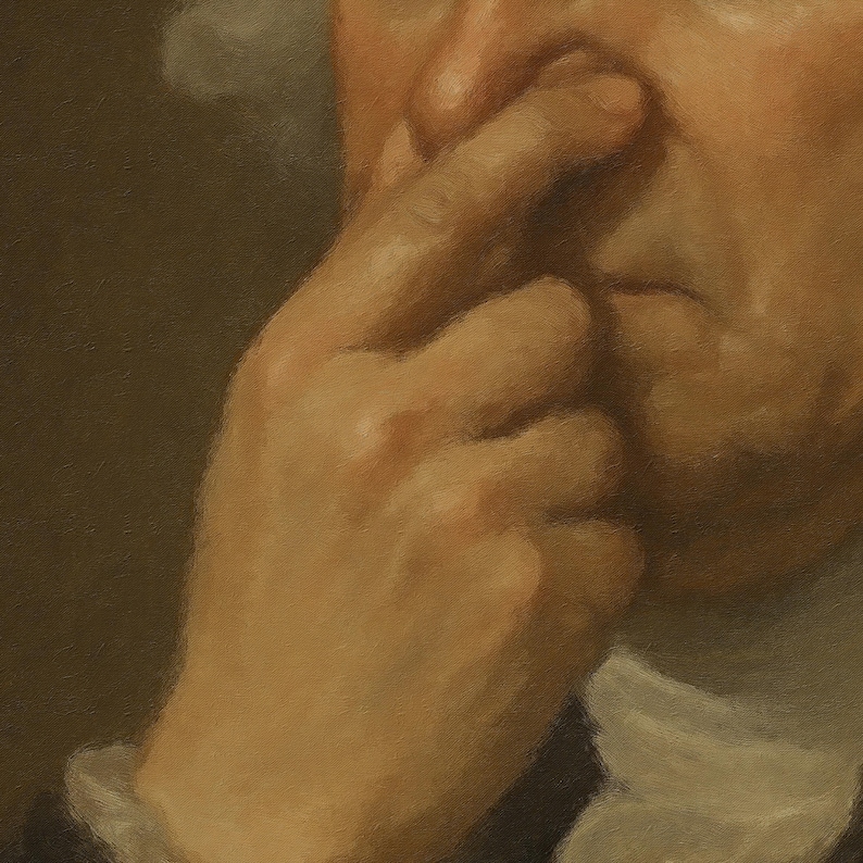 May include: A close-up oil painting of a person's face and hand. The hand is touching the nose with the index finger. The skin tones are light brown and the background is a muted brown.